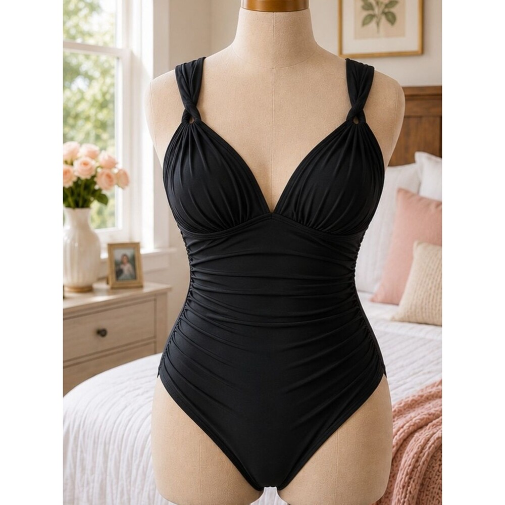Black Ruched One-Piece Swimsuit - Classic Tummy Control